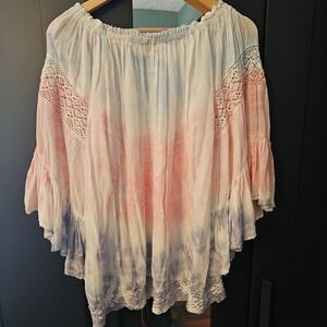 Surf Gypsy Tie Dye Off Shoulder Blouse Size M Boho Lace Bell Sleeves Pastel Pink